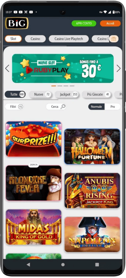 Homepage di BIG Casino Mobile